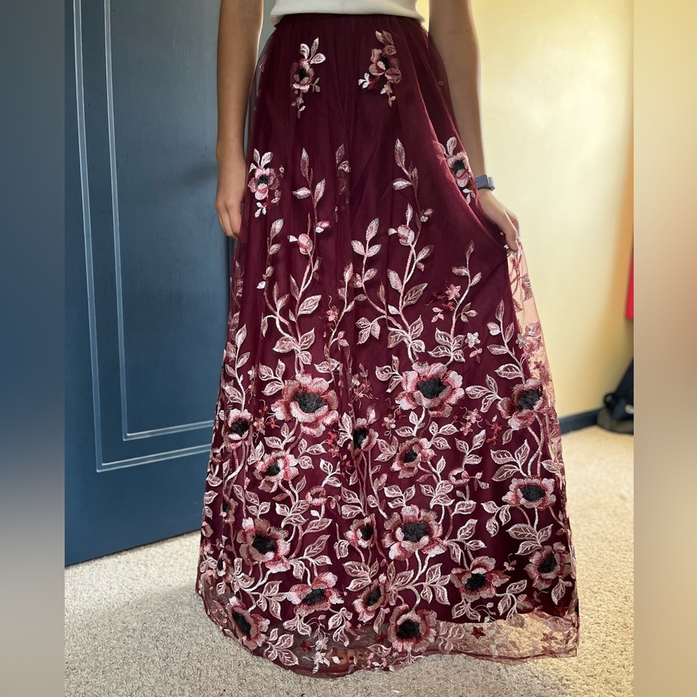 Trixxi Elegant Floral Embroidered Burgundy Long Skirt